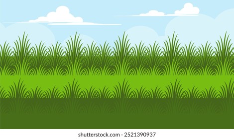 Ilustração de grama verde e flores. coleção de vetor de grama em estilo plano. Primavera verde grama, gramado verde. verão natureza fundo com grama e céu azul com nuvens.