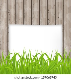 Illustration green grass and paper sheet on wooden texture - vector