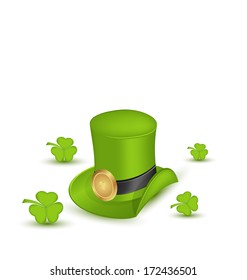 Illustration green hat with buckle with clovers in saint Patrick Day - isolated on white background - vector