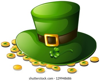 Illustration of a green hat and coins for St. Patrick's Day on a white background