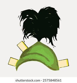 Illustration of green hat with large black feather. The hat features two yellow bands. Green hat, black feather, yellow bands, stylish design. Vintage art drawing illustration, painting art vector.