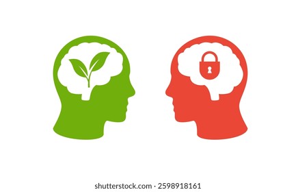 Illustration of green head with plant and red head with lock, exploring ideas and security.