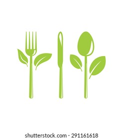 Illustration Green Healthy Food Icon with Cutlery and Leaves - Vector