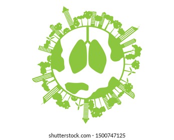 illustration of green healthy lung with green city and tree on world vector flat design