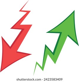 Ilustración del indicador de flecha alta verde y del indicador de flecha baja roja. El concepto de pérdidas y ganancias