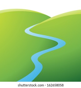 Illustration of Green Hills and Blue River isolated on a white background