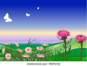 illustration with green hills and pink flowers