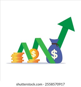 Illustration of the green indicator rising. The concept of financial wealth and profit flow. The green indicator rising professionally on a white background. A bag of money and gold coins