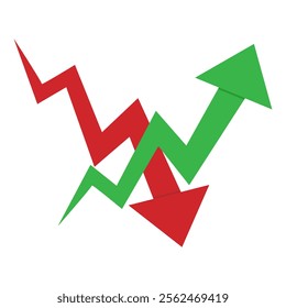 Illustration of the green indicator rising and the red indicator falling. The green arrow rising and the red arrow falling. The concept of financial profit and loss