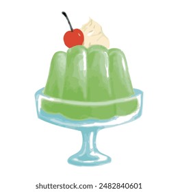 An illustration of a green jelly with cherries on it that looks like it would appear in a Showa retro coffee shop.