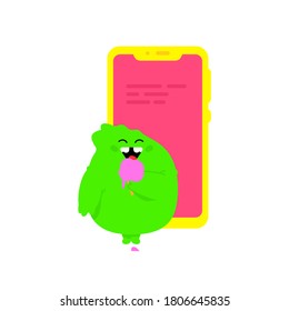 Illustration green kawaii monster  Vector  Cute cartoon little dragon and ice cream   telphone  Toy rubber mascot for the company  Character for animation  Emotion friendly monster 