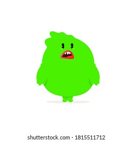 Illustration of a green kawaii monster. Vector. Toy rubber mascot for the company. Character for animation in films. The emotion of a frightened or surprised creature.