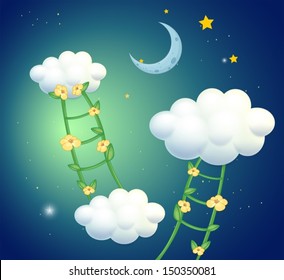 Illustration of the green ladders with flowers going to the clouds