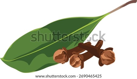 Illustration of a green leaf alongside a small pile of brown, dried cloves.