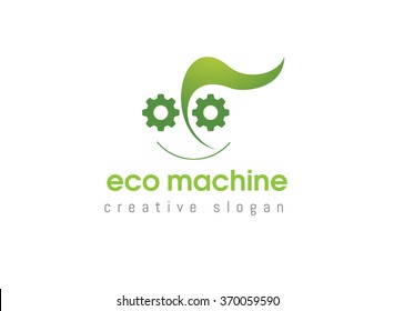 Illustration of green leaf with cogwheel. Vector logo design template. Abstract concept for ecology theme, green eco energy, technology and industry.