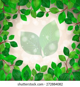Illustration of green leaf frame with bokeh background 