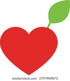 Illustration of a green leaf growing from a red heart symbolizing love and nature