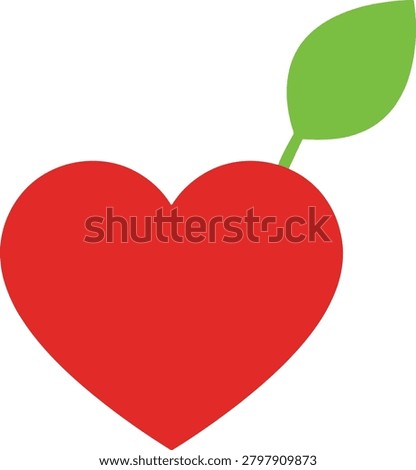 Illustration of a green leaf growing from a red heart symbolizing love and nature