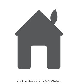 Illustration of green leaf with house. Vector flat logo design template. Abstract concept for ecology theme, real estate agencies, hotels, cottages rent, building.