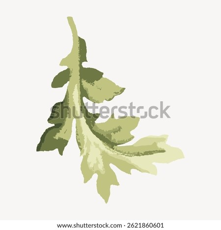 Illustration of a green leaf with multiple shades. Leaf design features light and dark green tones. Artistic leaf pattern on a plain background. Vintage illustration vector.
