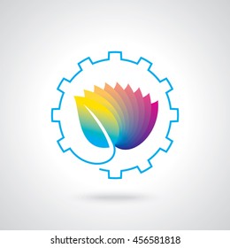 Illustration of green leaf with silver gears cogs. Vector logo design.