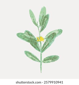 Illustration of a green leafy plant with a small yellow flower. The plant features textured green leaves and a yellow flower, creating a natural, botanical look. Vintage flower illustration, vector.