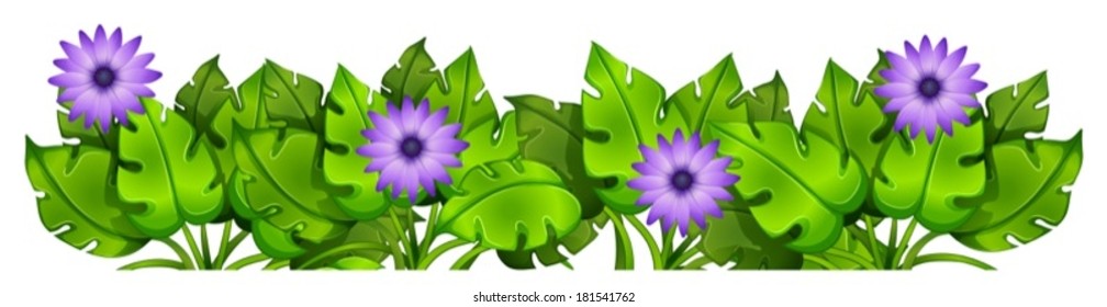 Illustration of the green leafy plants with flowers on a white background