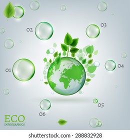 The illustration with green leaves and transparent bubbles flying around the green globe. Ecology and biology concept. Vector infographics for brochures, leaflets or posters. Save the Earth concept.