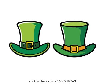 Illustration of a green leprechaun hat with gold buckle isolated on white background. Flat vector design. white background.