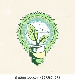 Illustration of a green light bulb with a plant inside, symbolizing eco-friendly energy. The green bulb and plant represent sustainability and eco-consciousness. Vector illustration.