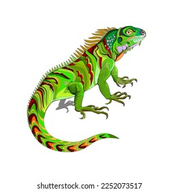 Illustration der grünen Eidechseniguana. Wildtiere. Einzige Zeichnung auf weißem Hintergrund. Druck für Stoff, Mode, Dekoration, Stickerei, Tapete. Flacher Cartoon-Vektor.