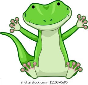 Ilustración de un lagarto verde sentado con las manos arriba