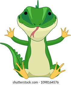 Illustration of a Green Lizard Sitting and Waving with Tongue Out