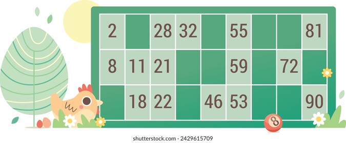 Illustration of a green lotto card with winning numbers, event to celebrate Easter with a bingo game, drawing of a pretty red hen in the grass, leisure activity for seniors, game of chance to win gift