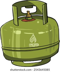 Illustration of a green LPG gas cylinder symbolizing household cooking fuel, clean energy, and safety, perfect for content on energy resources and home essentials.