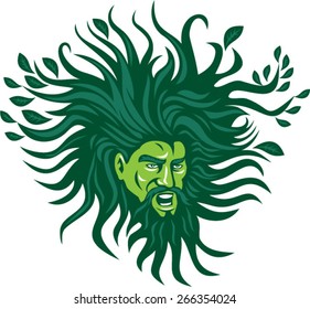 Illustration of a Green Man head face with flowing hair and leaves growing at tips viewed from front don ein cartoon style.