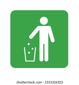 illustration of a green man throwing trash into dust bin