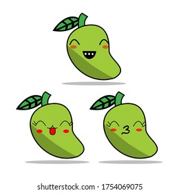 Illustration of green mango with expression. Vector illustration of funny fruits. Cute fruit sticker design.