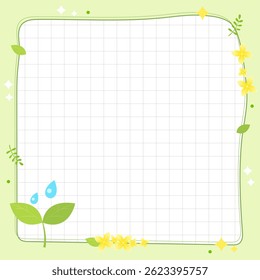 Illustration of a green memo grid frame decorated with yellow flowers and leaves. Vector illustration.