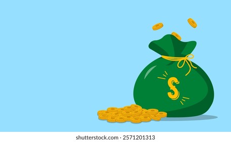 Illustration of a green money bag with gold coins, tied with a yellow string, on a light blue background symbolizing wealth