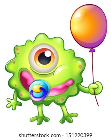 Illustration of a green monster baby with a balloon on a white background
