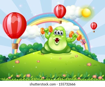 Illustration of a green monster exercising at the hilltop with floating balloons