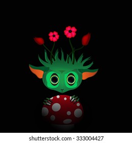 Illustration of a green monster with flowers and mushroom