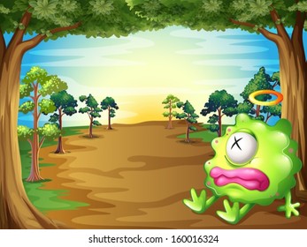 Illustration of a green monster at the forest resting under the tree