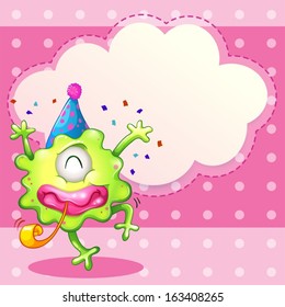 Illustration of a green monster partying with an empty cloud template