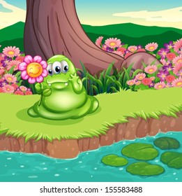 Illustration of a green monster at the riverbank holding a flower