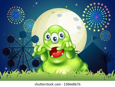 Illustration of a green monster scaring at the amusement park