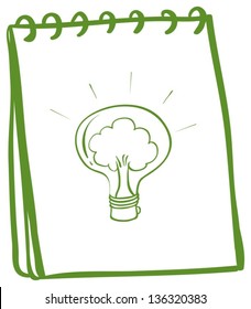 Illustration of a green notebook with a bulb on a white background