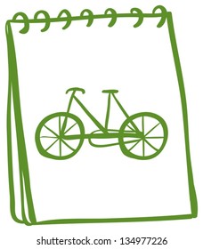 Illustration of a green notebook with a drawing of a bike on a white background