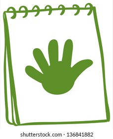 Illustration of a green notebook with a drawing of a hand on a white background